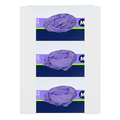 Glove Dispenser. White ABS plastic, Triple, wall-mount, non-divided, stackable. Front facing, vertical with 3 boxes of purple exam gloves.