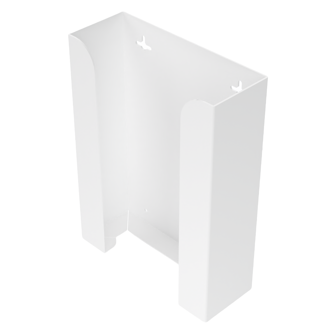 Glove Dispenser. White ABS plastic, Triple, wall-mount, non-divided ABS plastic, stackable. front facing, angled slightly left, vertical, empty. 