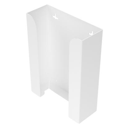 Glove Dispenser. White ABS plastic, Triple, wall-mount, non-divided ABS plastic, stackable. front facing, angled slightly left, vertical, empty. 