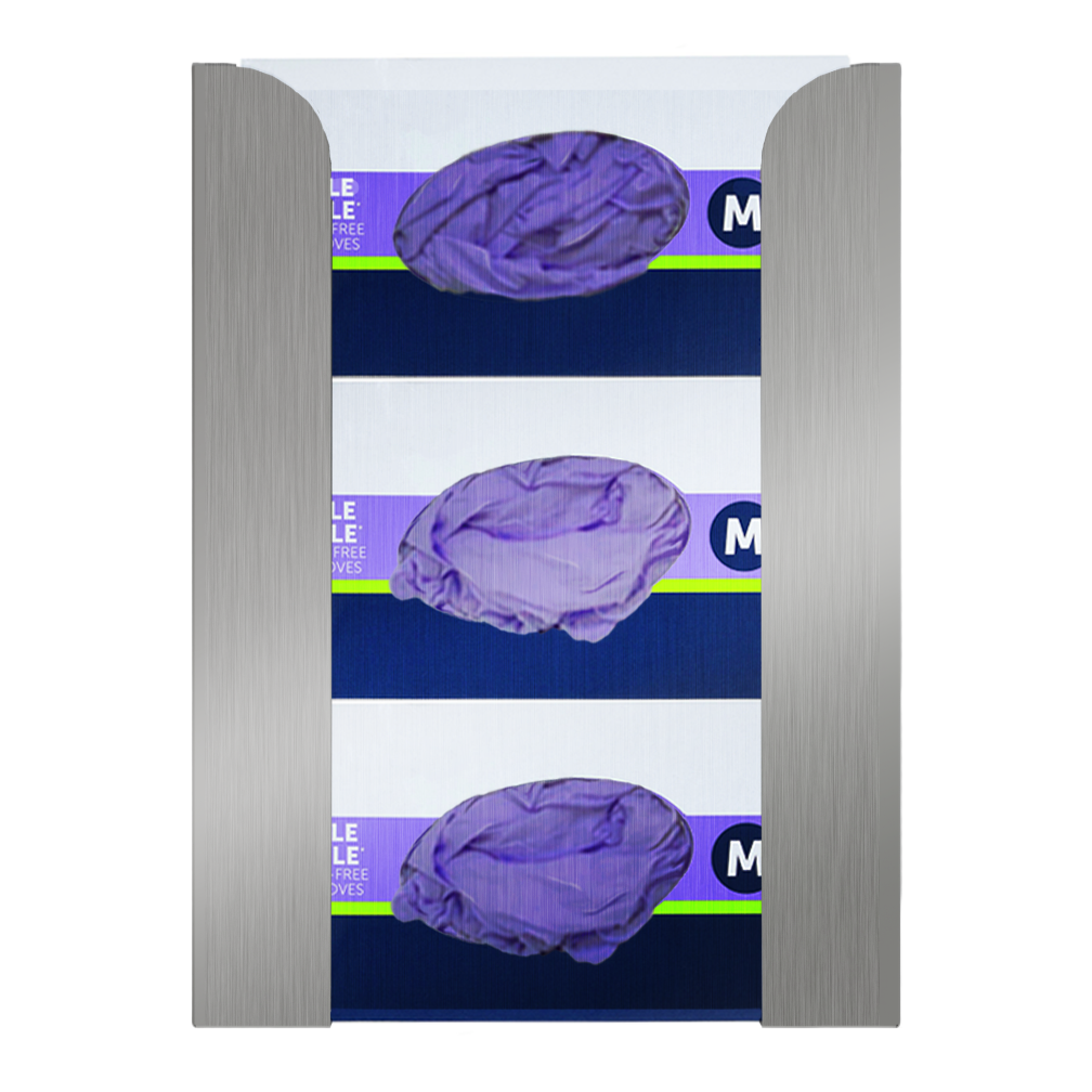 Glove Dispenser. Stainless Steel, Triple, wall-mount. non-divided, stackable. front facing, vertical with 3 boxes of purple exam gloves