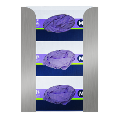 Glove Dispenser. Stainless Steel, Triple, wall-mount. non-divided, stackable. front facing, vertical with 3 boxes of purple exam gloves