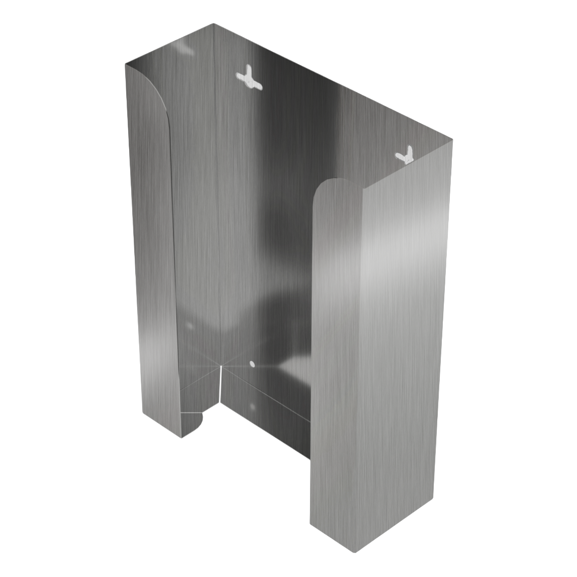 Glove Dispenser. Stainless Steel, Triple, wall-mount, non-divided ABS plastic, stackable. front facing, angled slightly left, vertical, empty. 