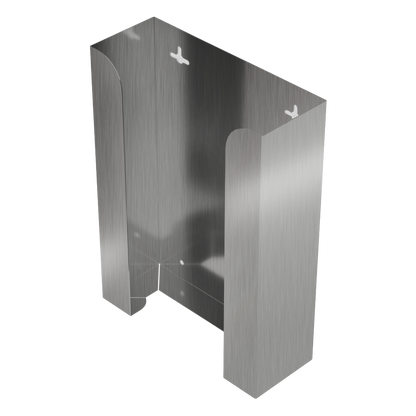 Glove Dispenser. Stainless Steel, Triple, wall-mount, non-divided ABS plastic, stackable. front facing, angled slightly left, vertical, empty. 