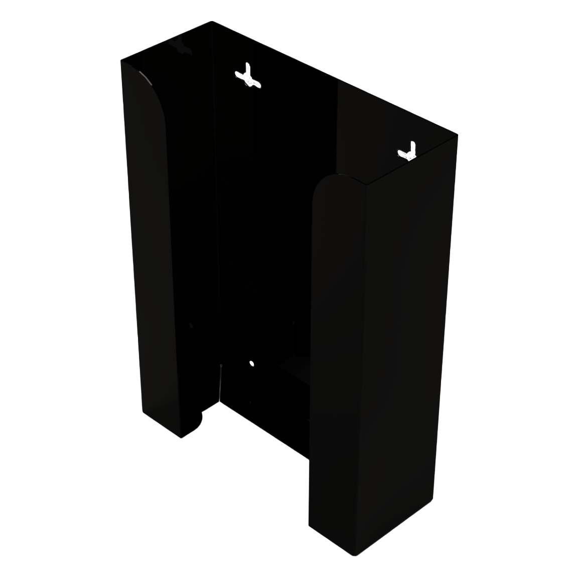 Glove Dispenser. Black Steel, Triple, wall-mount, non-divided ABS plastic, stackable. front facing, angled slightly left, vertical, empty. 