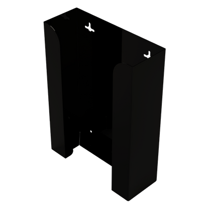 Glove Dispenser. Black Steel, Triple, wall-mount, non-divided ABS plastic, stackable. front facing, angled slightly left, vertical, empty. 