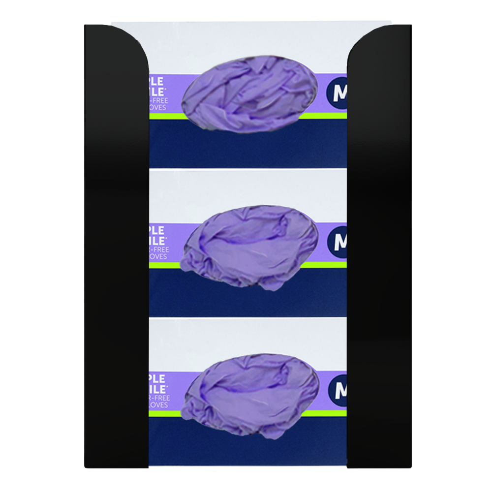 Glove Dispenser. Black Steel, Triple, wall-mount, non-divided, stackable. Front facing, vertical with 3 boxes of purple exam gloves.