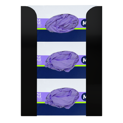 Glove Dispenser. Black Steel, Triple, wall-mount, non-divided, stackable. Front facing, vertical with 3 boxes of purple exam gloves.