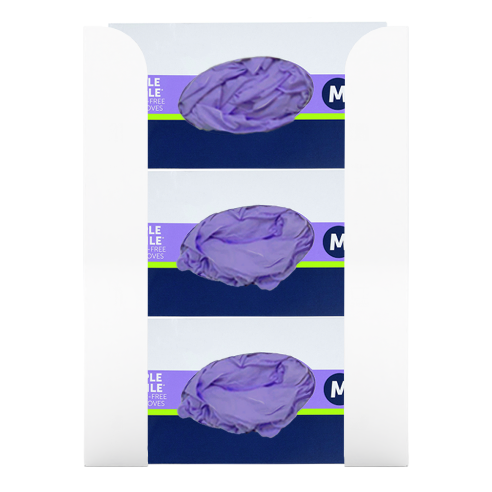 Glove Dispenser. White Steel, Triple, wall mount, non-divided, stackable, vertical load. Filled with 3 horizontal boxes of purple nitrile gloves.