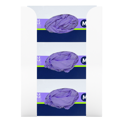 Glove Dispenser. White Steel, Triple, wall mount, non-divided, stackable, vertical load. Filled with 3 horizontal boxes of purple nitrile gloves.