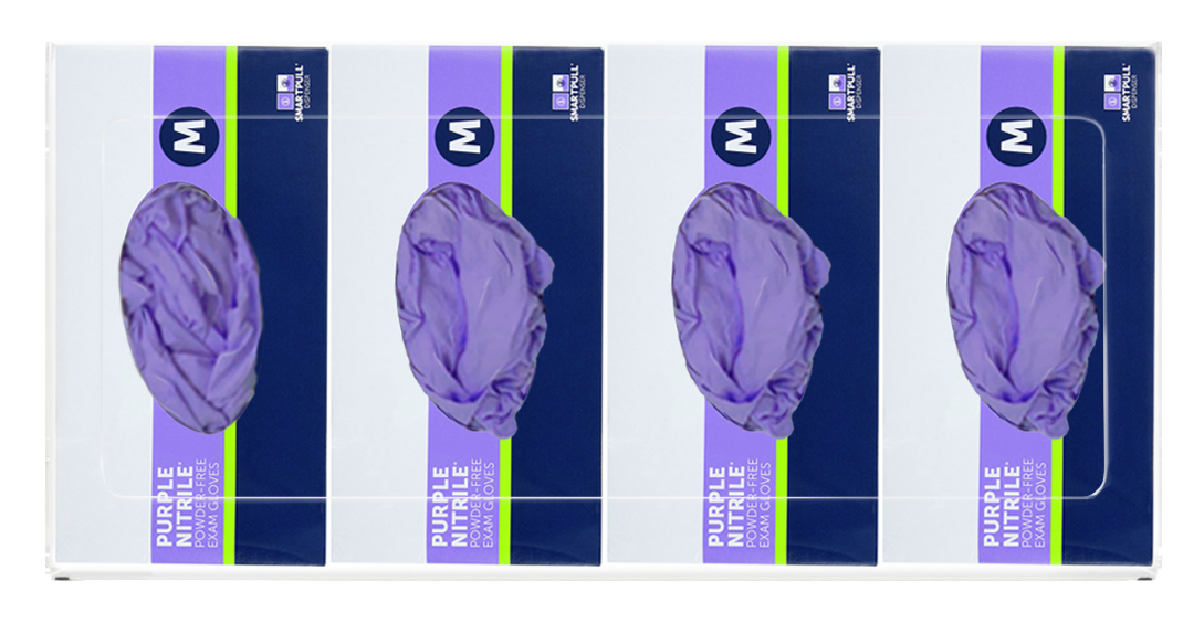 Glove Dispenser. Quad, Clear PETG plastic, wall mount, non-divided, front facing, with 4 boxes of purple exam gloves