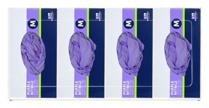 Glove Dispenser. Quad, Clear PETG plastic, wall mount, non-divided, front facing, with 4 boxes of purple exam gloves