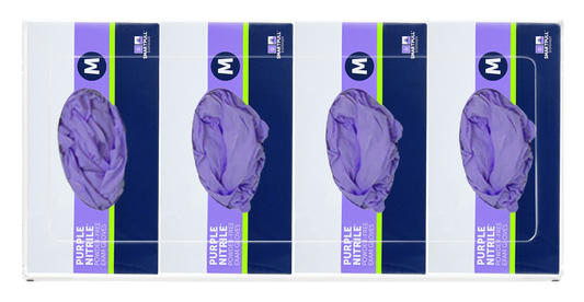 Glove Dispenser. Quad, Clear PETG plastic, wall mount, non-divided, front facing, with 4 boxes of purple exam gloves