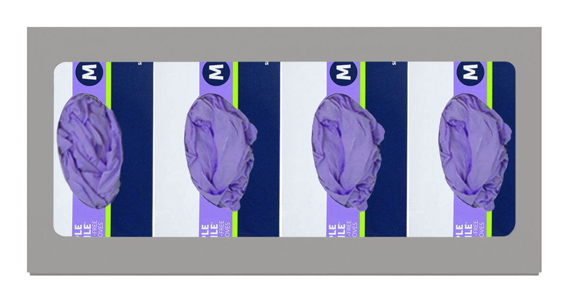Glove Dispenser. Quad, Beige ABS plastic, wall mount, non-divided, front facing, with 4 boxes of purple exam gloves