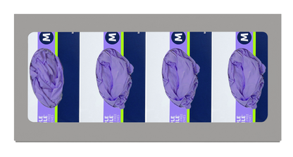 Glove Dispenser. Quad, Beige ABS plastic, wall mount, non-divided, front facing, with 4 boxes of purple exam gloves