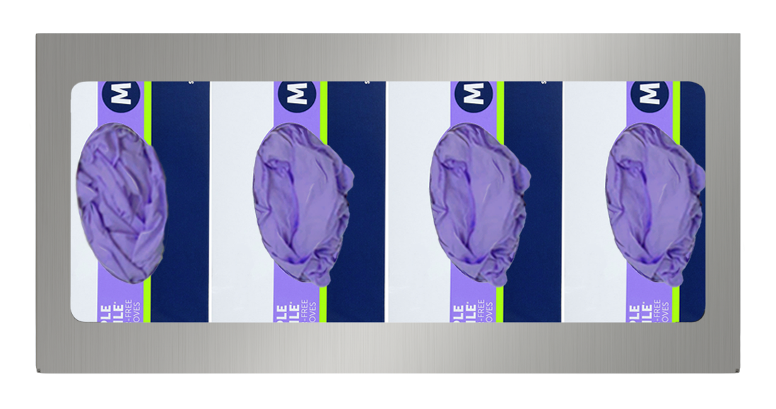 Glove Dispenser. Quad, Stainless Steel, wall mount, non-divided, front facing, with 4 boxes of purple exam gloves