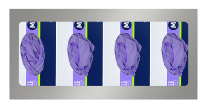 Glove Dispenser. Quad, Stainless Steel, wall mount, non-divided, front facing, with 4 boxes of purple exam gloves