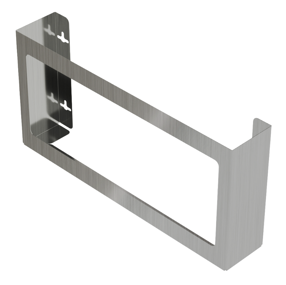 Glove Dispenser. Quad, Stainless Steel, wall mount, non-divided, front facing angled slightly to the left. Empty. 