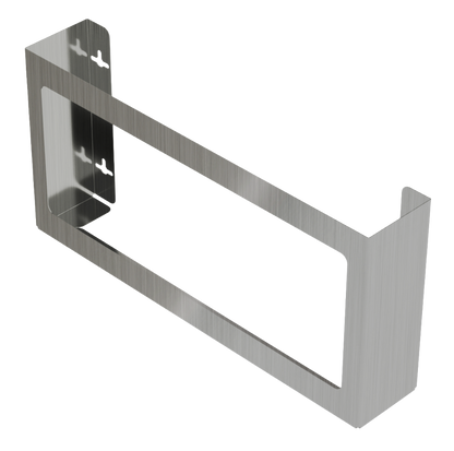 Glove Dispenser. Quad, Stainless Steel, wall mount, non-divided, front facing angled slightly to the left. Empty. 