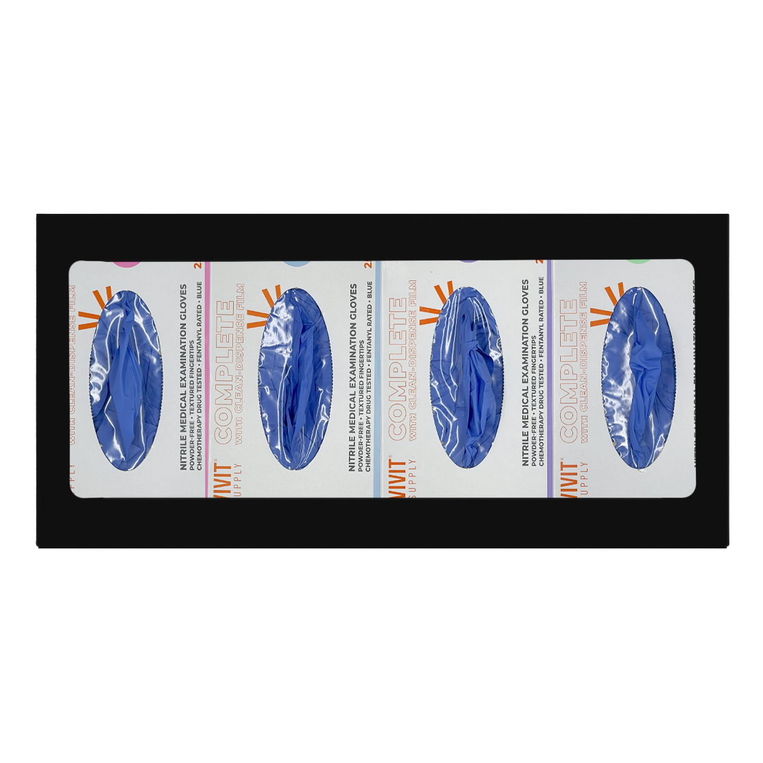 Glove Dispenser, Quad, Black Steel, wall mount, non-divided. Shown facing front, horizontally with 4 boxes of blue exam gloves loaded vertically