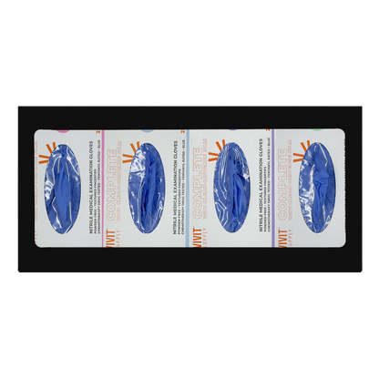 Glove Dispenser, Quad, Black Steel, wall mount, non-divided. Shown facing front, horizontally with 4 boxes of blue exam gloves loaded vertically