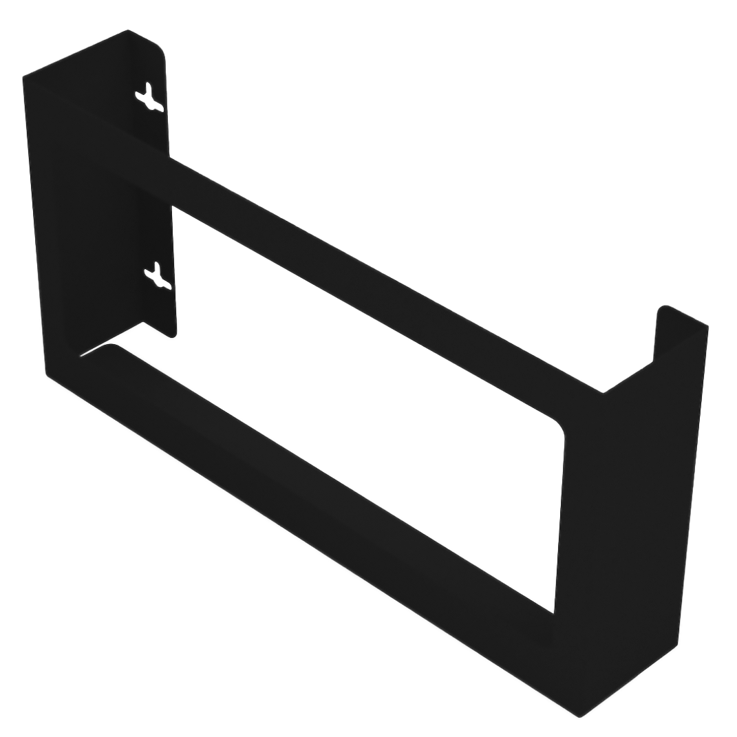 Glove Dispenser, Quad, Black Steel, wall mount, non-divided. Shown facing front slightly angled left, empty