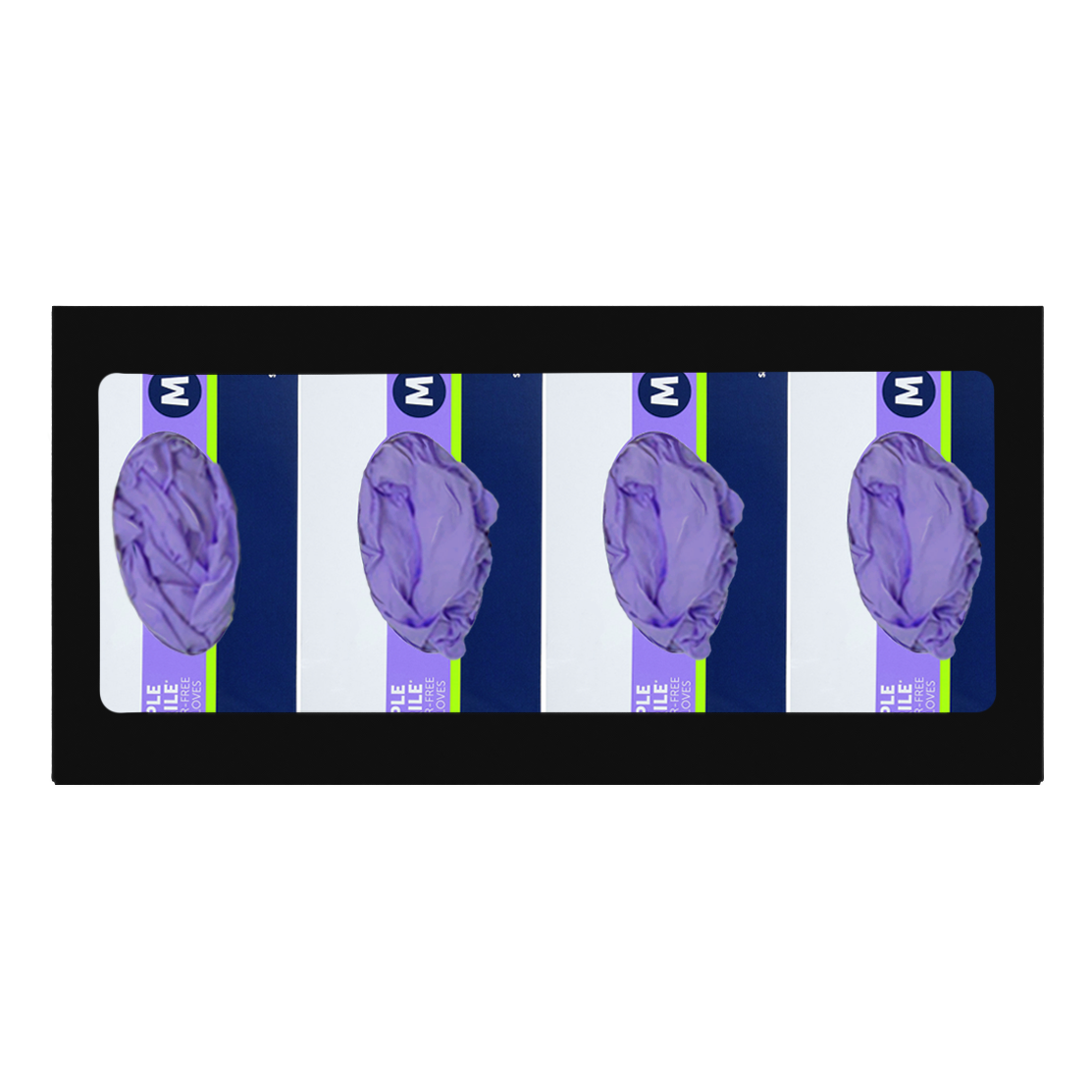 Glove Dispenser, Quad, Black Steel, wall mount, non-divided. Shown facing front, horizontally with 4 boxes of purple exam gloves loaded vertically