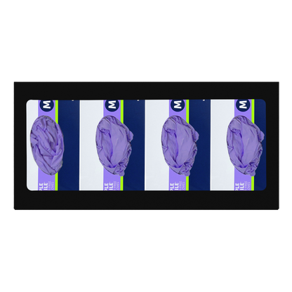 Glove Dispenser, Quad, Black Steel, wall mount, non-divided. Shown facing front, horizontally with 4 boxes of purple exam gloves loaded vertically