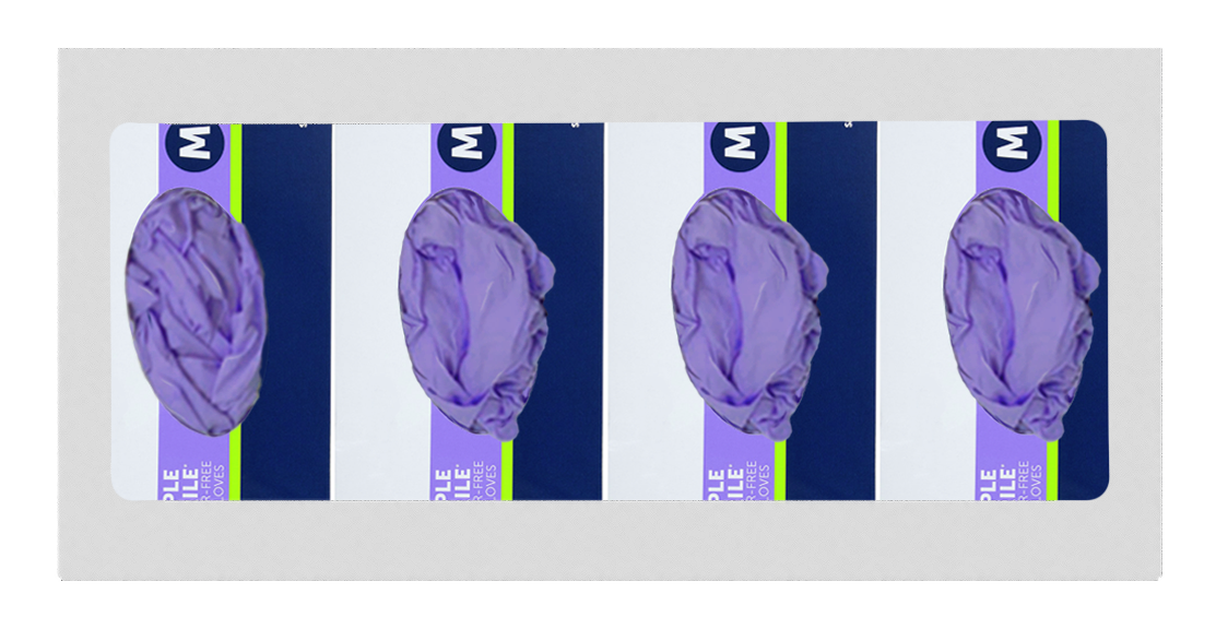 Glove Dispenser. Quad, White Steel, wall mount, non-divided, front facing, with 4 boxes of purple exam gloves