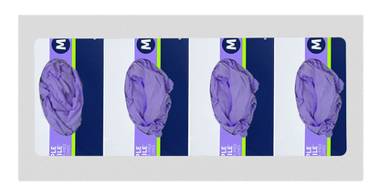 Glove Dispenser. Quad, White Steel, wall mount, non-divided, front facing, with 4 boxes of purple exam gloves