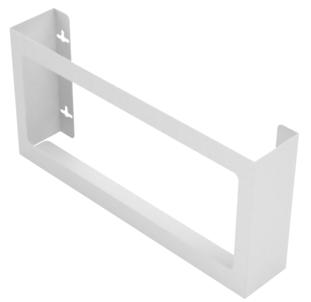 Glove Dispenser. Quad, White Steel, wall mount, non-divided, front facing angled slightly to the left. Empty. 