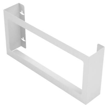 Glove Dispenser. Quad, White Steel, wall mount, non-divided, front facing angled slightly to the left. Empty. 