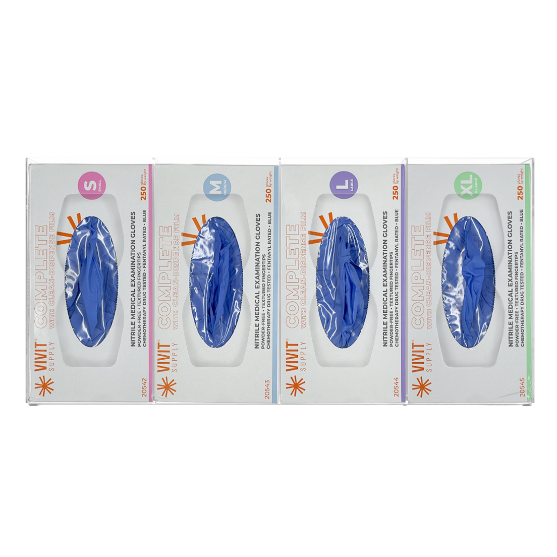 Glove Dispenser, Quad, Clear PETG plastic, wall mount, divided. Hourglass cutouts for dispensing, filled with 4 boxes of blue exam gloves in different sizes, facing front, horizontal