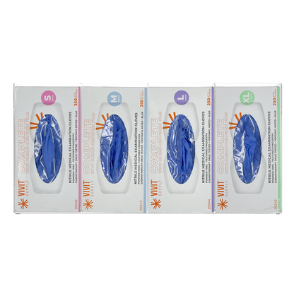 Glove Dispenser, Quad, Clear PETG plastic, wall mount, divided. Hourglass cutouts for dispensing, filled with 4 boxes of blue exam gloves in different sizes, facing front, horizontal