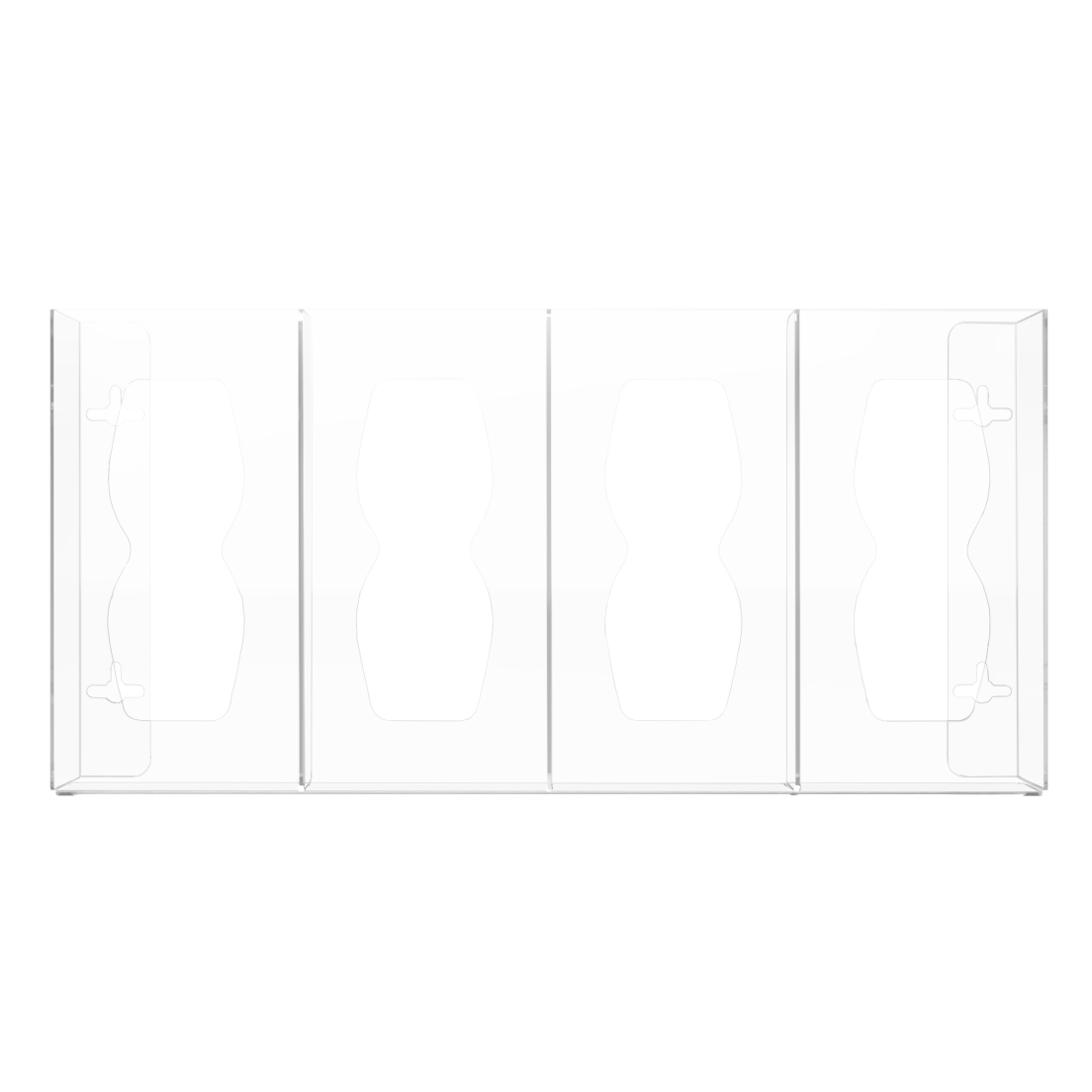 Glove Dispenser, Quad, Clear PETG plastic, wall mount, divided. Hourglass cutouts for dispensing, empty, facing front