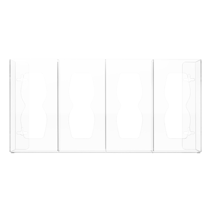 Glove Dispenser, Quad, Clear PETG plastic, wall mount, divided. Hourglass cutouts for dispensing, empty, facing front