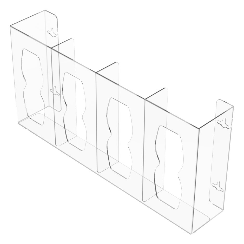 Glove Dispenser, Quad, Clear PETG plastic, wall mount, divided. Hourglass cutouts for dispensing, empty, facing front angled slightly left