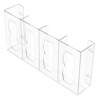 Glove Dispenser, Quad, Clear PETG plastic, wall mount, divided. Hourglass cutouts for dispensing, empty, facing front angled slightly left