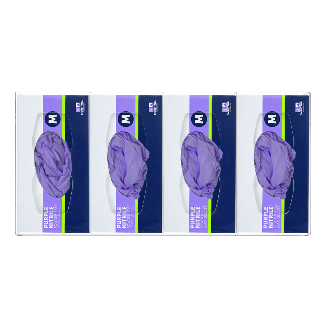 Glove Dispenser, Quad, Clear PETG plastic, wall mount, divided. Hourglass cutouts for dispensing, filled with 4 boxes of purple exam gloves, facing front