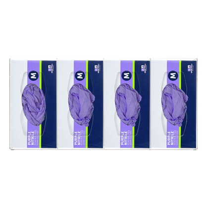 Glove Dispenser, Quad, Clear PETG plastic, wall mount, divided. Hourglass cutouts for dispensing, filled with 4 boxes of purple exam gloves, facing front