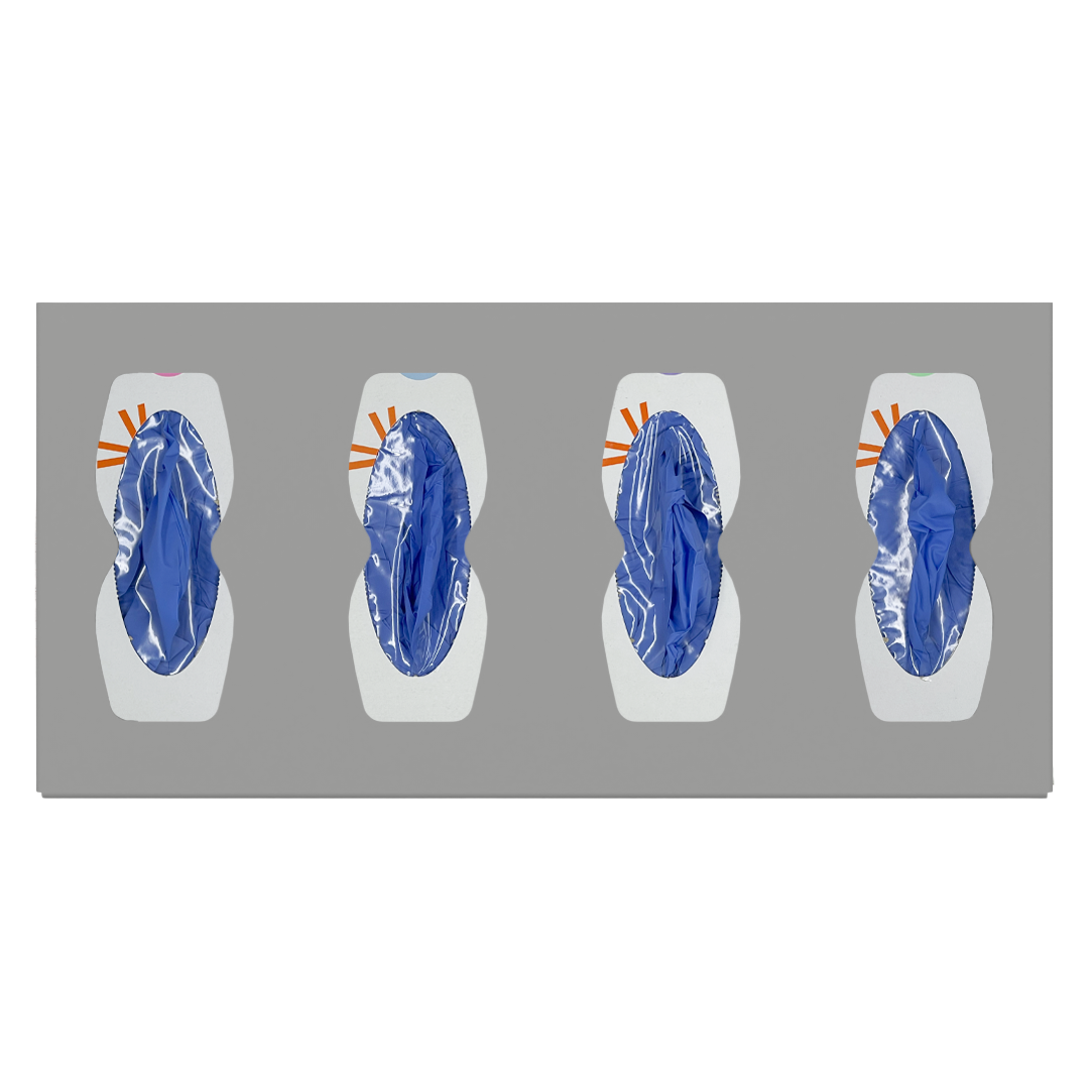 Glove Dispenser, Quad, Beige ABS plastic, wall mount, divided. Hourglass cutouts for dispensing, filled with 4 boxes of blue exam gloves in different sizes, facing front, horizontal