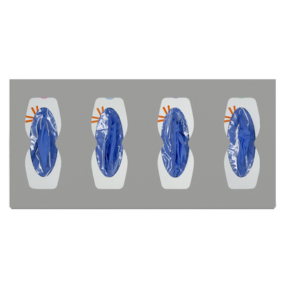 Glove Dispenser, Quad, Beige ABS plastic, wall mount, divided. Hourglass cutouts for dispensing, filled with 4 boxes of blue exam gloves in different sizes, facing front, horizontal