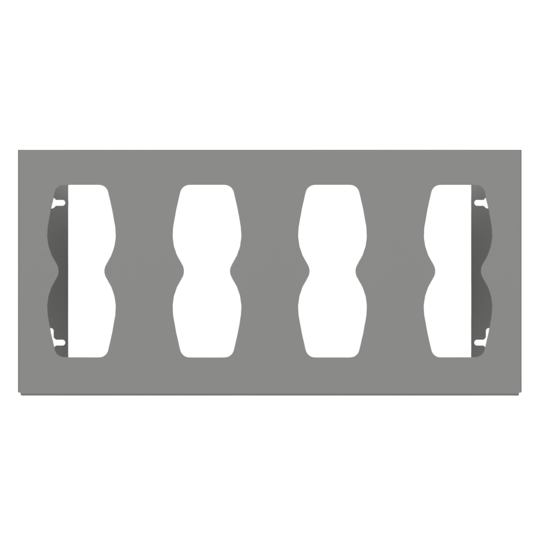 Glove Dispenser, Quad, Beige ABS plastic, wall mount, divided. Hourglass cutouts for dispensing, empty, facing front