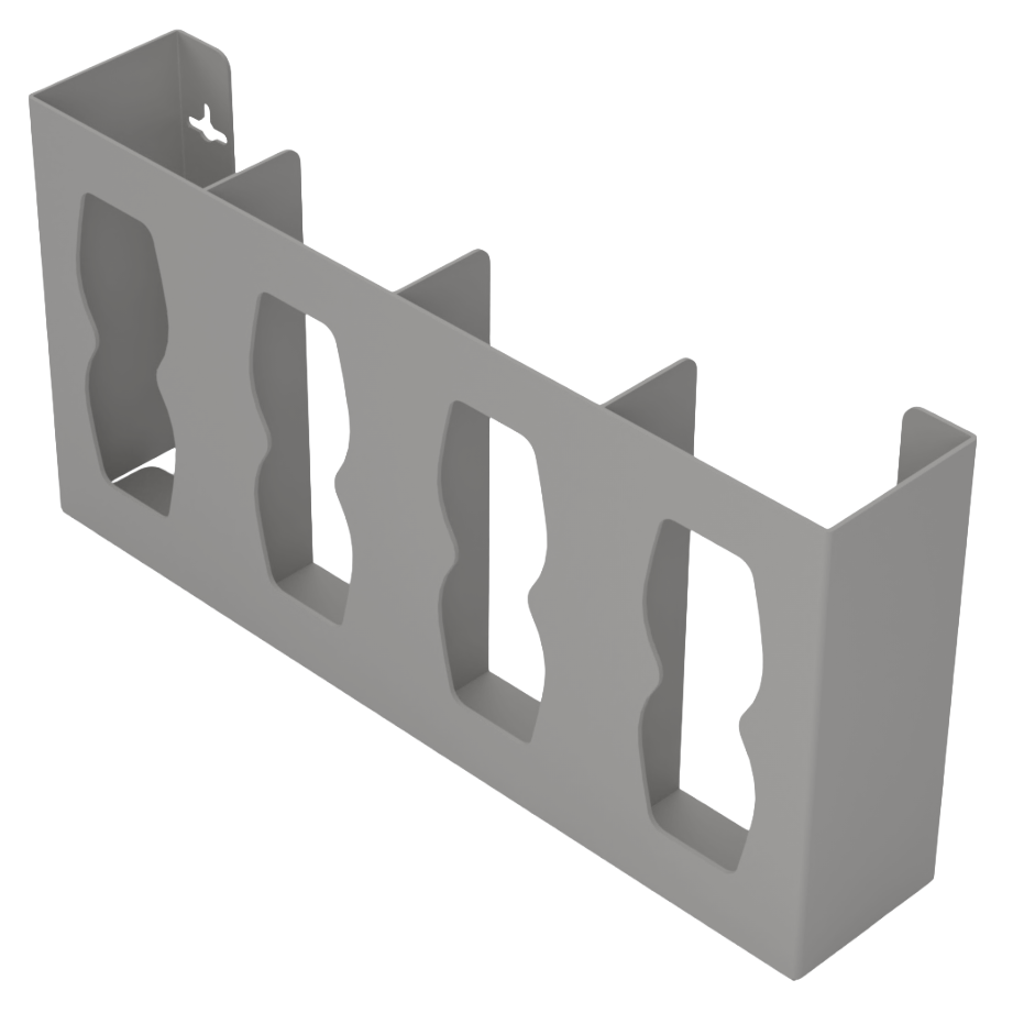 Glove Dispenser, Quad, Beige ABS plastic, wall mount, divided. Hourglass cutouts for dispensing, empty, facing front angled slightly left