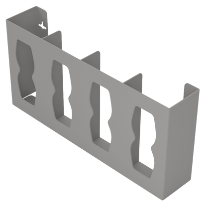 Glove Dispenser, Quad, Beige ABS plastic, wall mount, divided. Hourglass cutouts for dispensing, empty, facing front angled slightly left