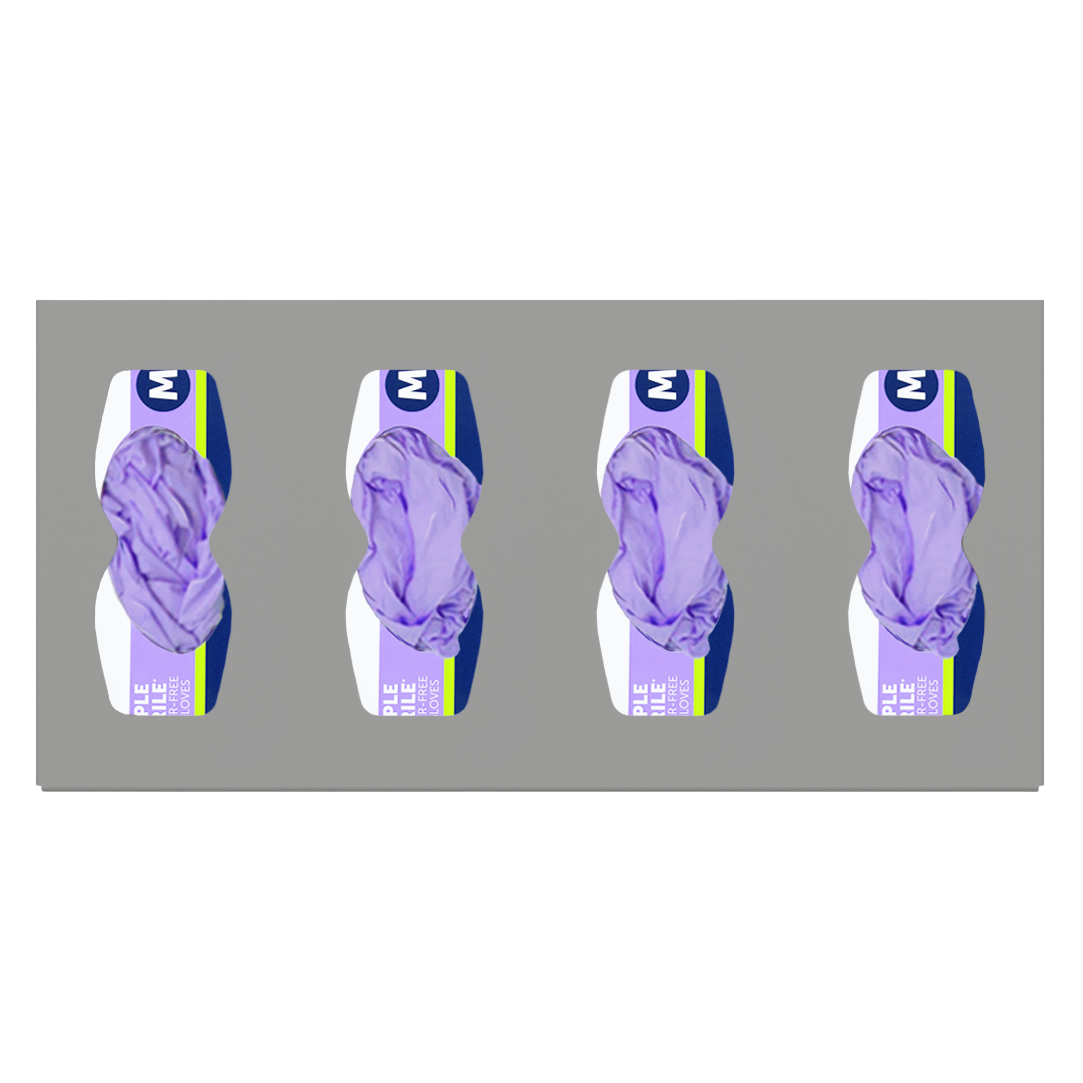 Glove Dispenser, Quad, Beige ABS plastic, wall mount, divided. Hourglass cutouts for dispensing, filled with 4 boxes of purple exam gloves, facing front