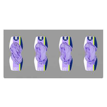 Glove Dispenser, Quad, Beige ABS plastic, wall mount, divided. Hourglass cutouts for dispensing, filled with 4 boxes of purple exam gloves, facing front