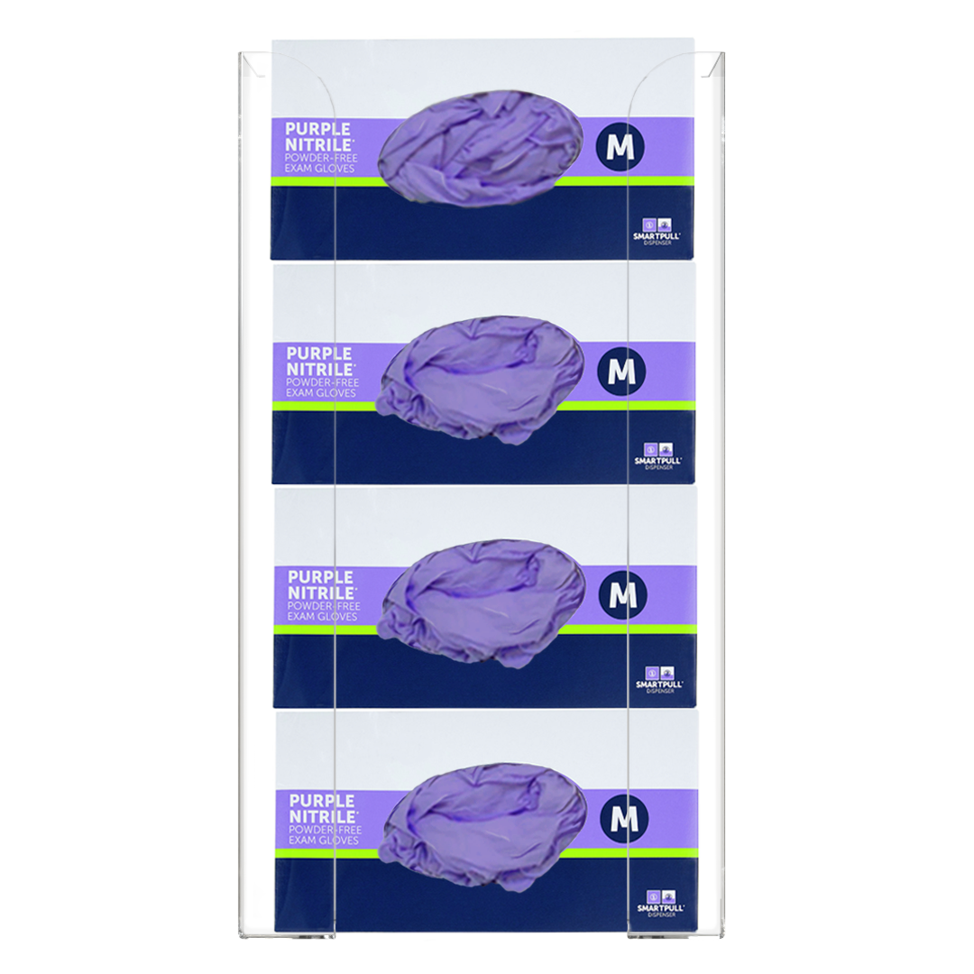 Glove Dispenser. Clear PETG plastic, Quad, wall mount, non-divided, stackable, vertical load. Filled with 4 horizontal boxes of purple nitrile gloves.