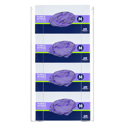 Glove Dispenser. Clear PETG plastic, Quad, wall mount, non-divided, stackable, vertical load. Filled with 4 horizontal boxes of purple nitrile gloves.