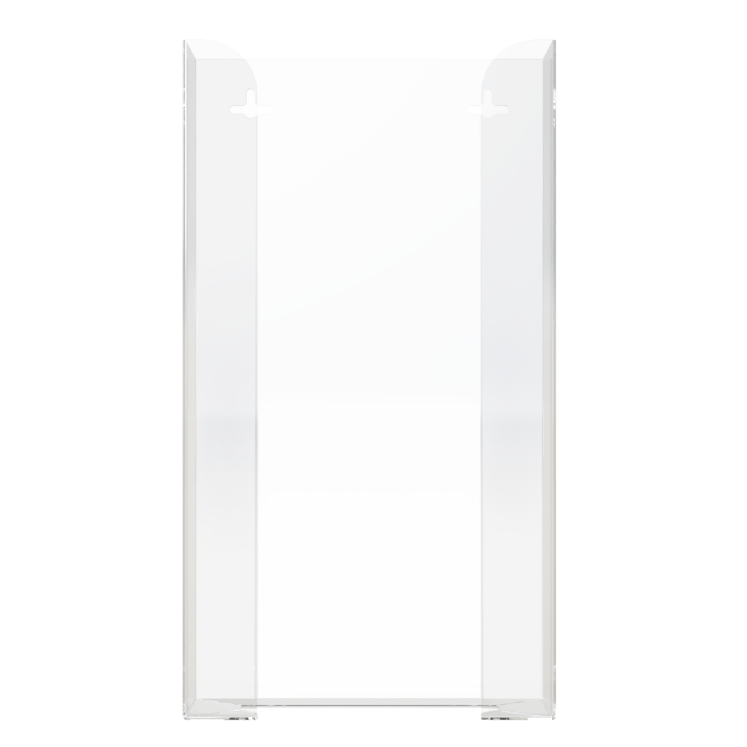 Glove Dispenser. Clear PETG plastic, Quad, wall mount, non-divided, stackable, vertical load. front facing, vertical view. Empty