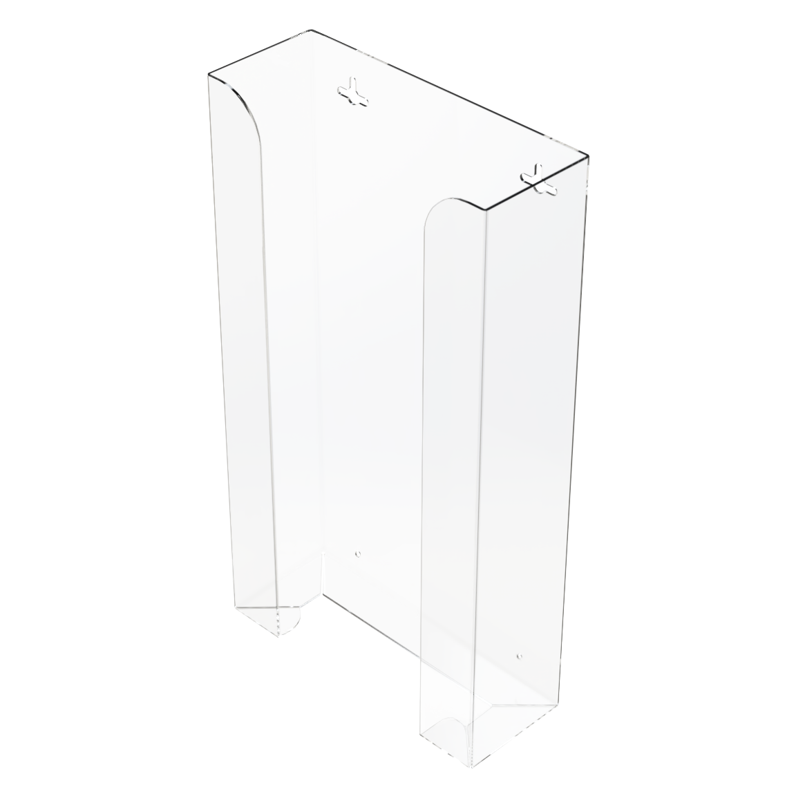 Clear, non-divided PETG, stackable, quad glove dispenser, front facing angled slightly left, vertical. Empty.  